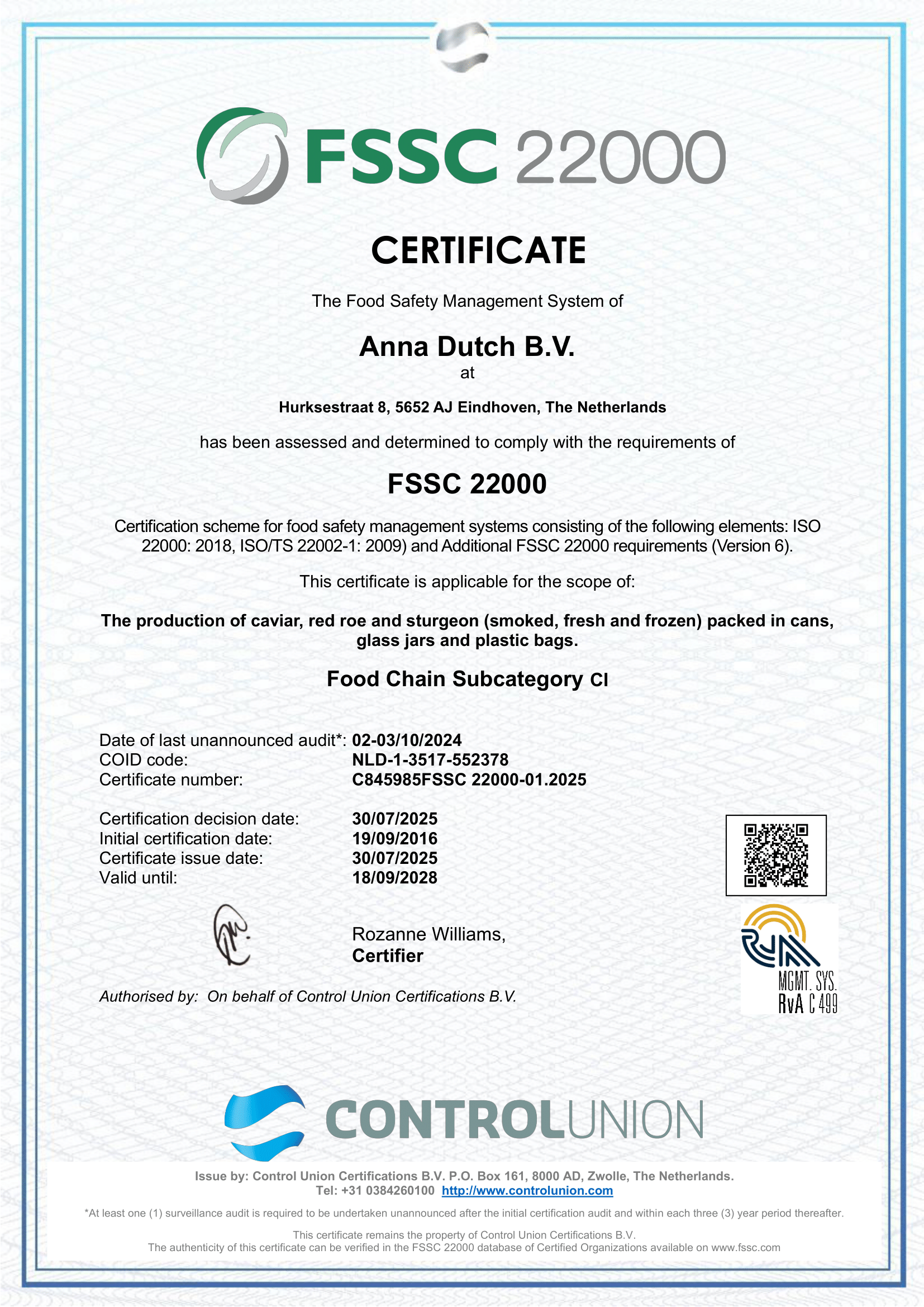 FSSC 22000 food safety certificate